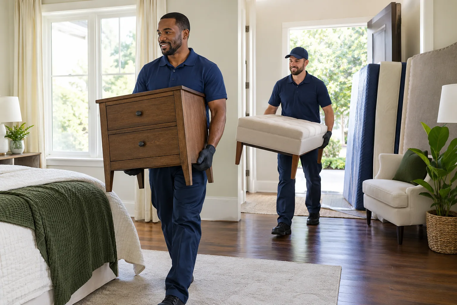 Crew preparing bedroom furniture removal