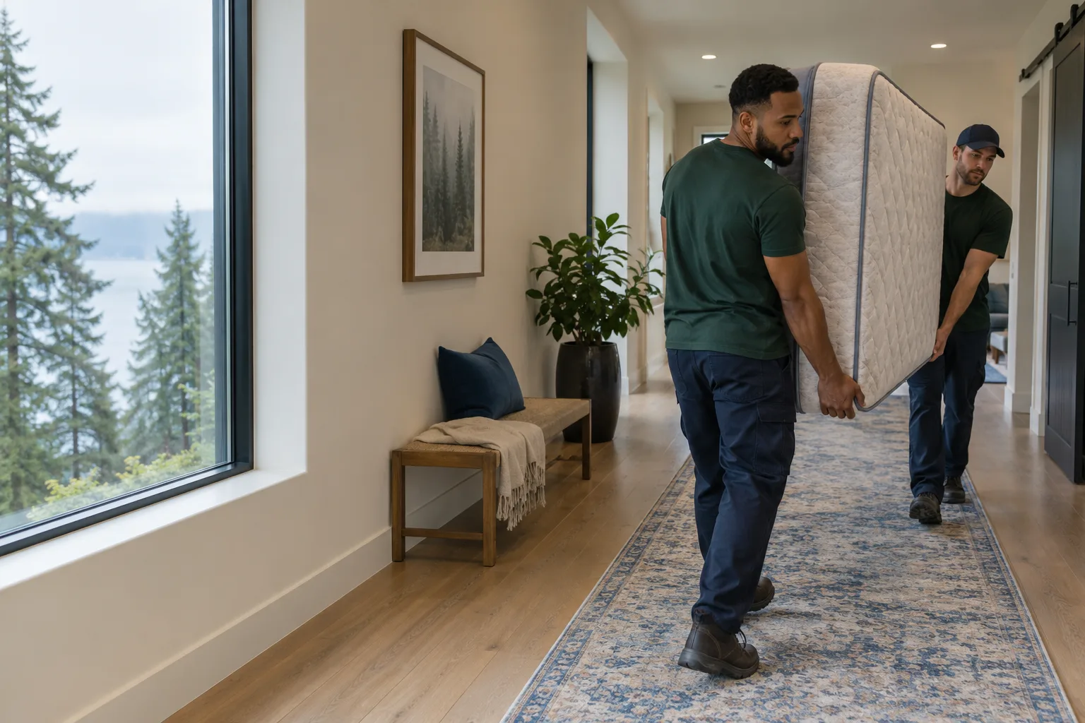 Two movers carrying a mattress through a home